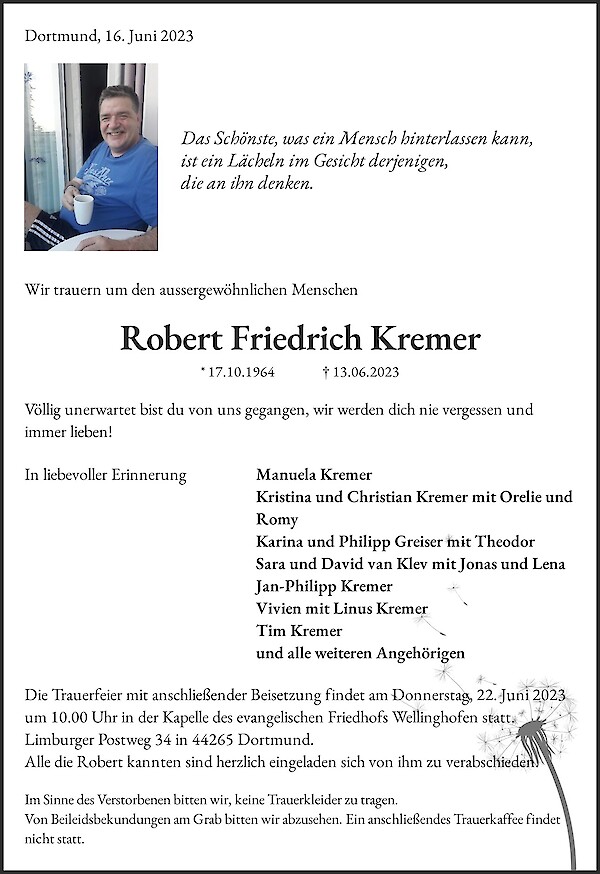 Traueranzeige von Robert Friedrich Kremer