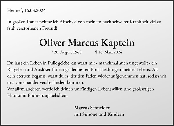 Traueranzeige von Oliver Marcus Kaptein, Much