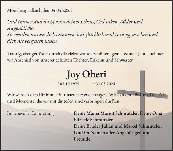 Traueranzeige von Joy Oheri, M&ouml;nchengladbach