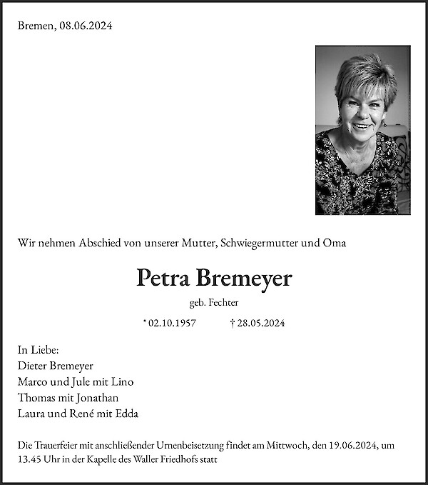 Traueranzeige von Petra Bremeyer, Bremen