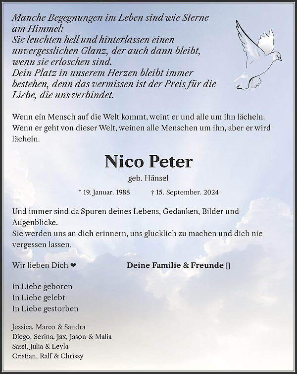 Traueranzeige von Nico Peter, Buchholz In Der Nordheide