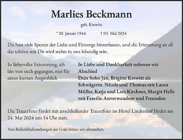 Traueranzeige von Marlies Beckmann, Warstein