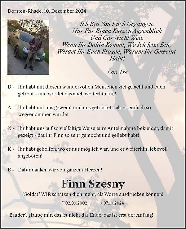 Danksagung von Finn Szesny, Dorsten-Rhade