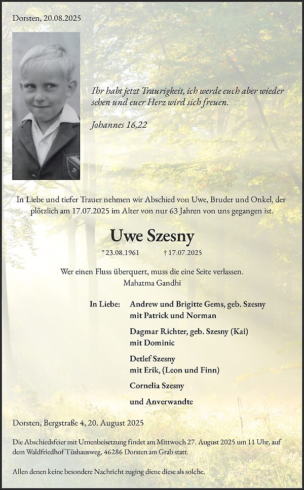Traueranzeige von Uwe Szesny, Dorsten