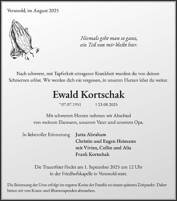 Traueranzeige von Ewald Kortschak, Versmold