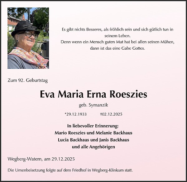 Traueranzeige von Eva Maria Erna Roeszies, Wegberg