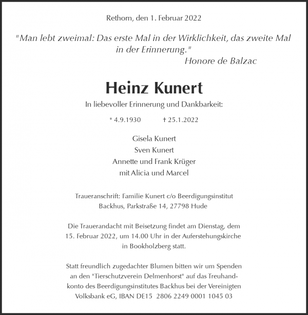 Traueranzeige von Heinz Kunert, Ganderkesee