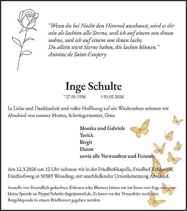 Traueranzeige von Inge Schulte, Dortmund