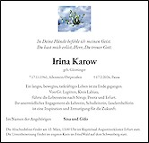 Traueranzeige Irina Karow
