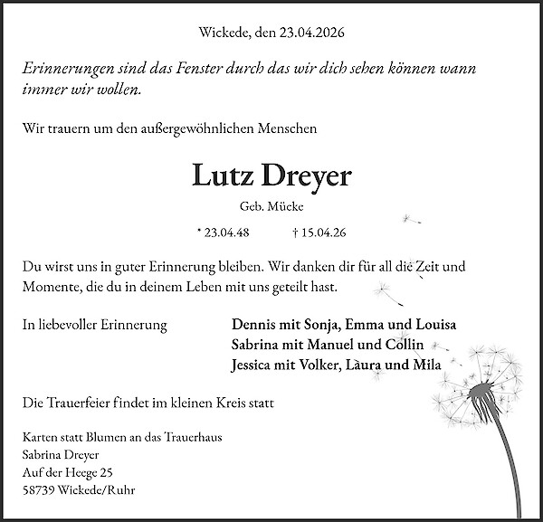 Traueranzeige von Lutz Dreyer, Wickede/Ruhr